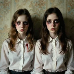 a baroque painting of two beautiful but creepy siblings wearing oxford shirts in layers of fear, with haunted eyes, 1 9 7 0 s, wallpaper, a little blood, morning light showing injuries, painterly, offset printing technique, by brom, robert henri, walter popp, cinematic lighting, various refining methods, micro macro autofocus, ultra definition, award winning photo