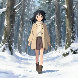 beautiful anime girl walking through a snowy forest, pixiv, beautiful scenery, pretty and highly detailed by makoto shinkai