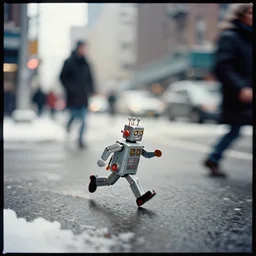kodak portra 4 0 0, wetplate, muted colours portrait by saul leiter of a tiny photoreal tin toy robot running fast trough a busy new york snowy street, strongly illuminated, motion blur, tiny gaussian blur, insanely detailed, insanely intricate, insanely beautiful, depth of field, winter, wide aperture, color photography