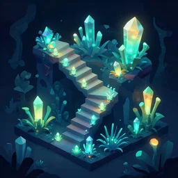 mobile game asset, isometric staircase, crystals, organic isometric design, bioluminescent alien - like plants inspired by the james cameron's avatar's alien nature. we can see alien plants glowing in the dark arround the isometric itens in dark place cyan, orange smooth glow dodge photoshop filter low poly behance hd