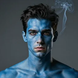 character portrait : striking man with smoke instead of hair. blue skin. realistic, 4 k