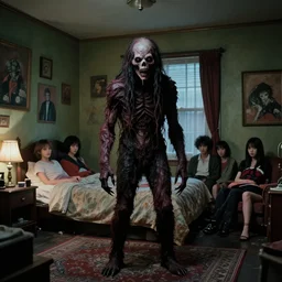 hyperrealistic cinestill of creepy monster entity creature standing in bedroom, 1 9 9 0 interior bedroom decoration, designed by guillermo del toro, michael hutter, kentaro miura, junji ito, gantz, hideo kojima, weirdly inside toronto apartment. colorized. scp historical archives. david lynchian atmosphere. deep aesthetics of weirdcore