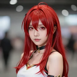 A photo of a realistic-looking anime girl with red hair, highly detailed, bokeh, 90mm, f/1.4