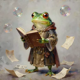 anthropomorphic bipedal frog that is dressed as a medieval librarian, and holding a giant book, as a matte oil painting, d & d character reveal, by alex grey, standing, fullbody, floating bubbles, loose papers, fog, mystic, bright, concept art, award - winning, extremely detailed, sharp focus