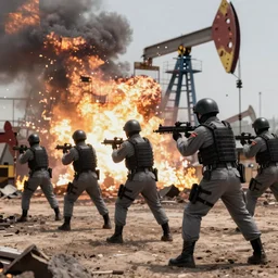 Mercenary Special Forces soldiers in grey uniforms with black armored vest and black helmets assaulting a burning exploding devastated oil refinery Dubai in 2022, Canon EOS R3, f/1.4, ISO 200, 1/160s, 8K, RAW, unedited, symmetrical balance, in-frame, combat photography, colorful