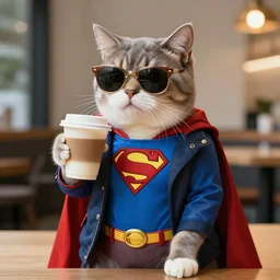 Cat dressed in stylish outfit with sunglasses dressed as superman drinking coffee