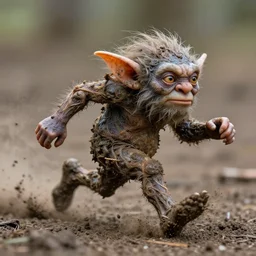 action photography, long shot, award winning macro photo of an ultra detailed intricate muddy gremlin running very fast on mud, dirt and dust, fast shutter speed, motion blur, tiny gaussian blur, highly detailed, highly intricate, depth of field, national geographic