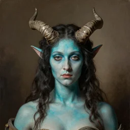 portrait of a female demon with cyan skin and horns, by the brothers hildebrandt.