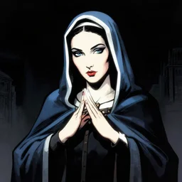 cell shaded, portrait of a woman magician performer, holy mary, dark background, dramatic bold lighting, solid colors and blacks, thick lines, dark shadows, sharp edges, artstation, photoshop, trending, grunge, high contrast, comic, cartoon, graphic novel, dark background, digital 2 d, artstation, marcin sobon, city of mist