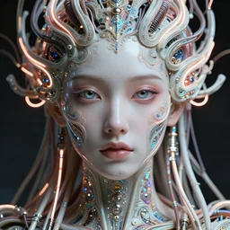 very beautiful woman integrating with technology, full face frontal centered, portrait, insipiring, detailed intricate symmetrical ornate neon cables connected to head, very detailed eyes, clear lips, luxurious detailed abundent wiring and implants, porcelain, fractal, renaissance, sci - fi, dramatic lighting, photography, highly detailed, artstation, 8 k, by chie yoshii