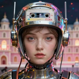 space girl portait, flawless symmetrical pretty cute face, greg rutkowski, 8 k, shallow depth of field, intricate detail, concept art, blade runner 2 0 4 9, scorched earth, cassette futurism, modular synthesizer helmet, the grand budapest hotel, glow, digital art, artstation, pop art, by hsiao - ron cheng