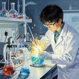 goro fujita ilustration a science laboratory, tools for science research, explosion of the chemicals, small streaks of light through, painting by goro fujita, sharp focus, highly detailed, artstation