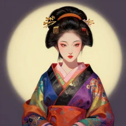 female geisha girl, beautiful face, colourful, rule of thirds, intricate outfit, spotlight, by greg rutkowski, by jeremy mann, digital painting