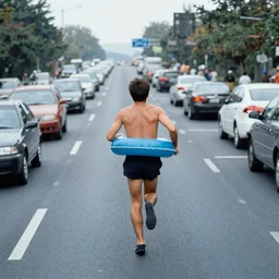 a man wearing a pool tube running down a busy highway, arriflex 35