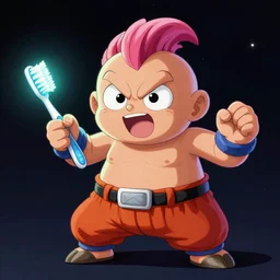 jimmy neutron fighting kid buu from dragonball with a toothbrush and glowsticks artstation, digital art, highly detailed