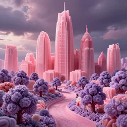 foreign landscape made out of candy, pink skys, purple trees