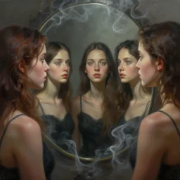 i am the smokey mirror looking at myself in all of you, surrealism!!!!! hyper - detailed 3 d render, oil painting, surreal concept art, photorealistic, digital painting, smooth, sharp focus, artstation hd, by greg rutkowski, tyler edlin, valentina remenar and asher duran,