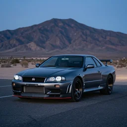 three quarter front photo of a stock dark grey nissan r 3 2 skyline gtr on a road in a desert with a mountain in the background in the early morning, car photography, zoom lens, blue hour, photorealistic