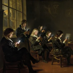 The Night Watch but everyone is on their phone, painting by Rembrandt van Rijn