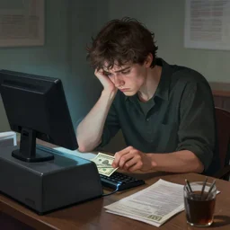 sad man paying his last dollar at a cash register trending on artstation dark lighting