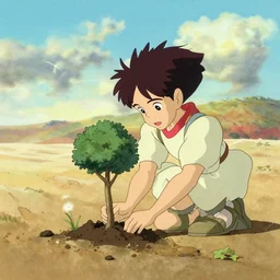 a wholesome animation key shot of nausicaa planting trees alone in the desert, studio ghibli, pixar and disney animation, sharp, disney concept art watercolor illustration by mandy jurgens and alphonse mucha and alena aenami, pastel color palette, dandelion seed, bloom, dramatic lighting