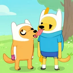 A cartoon in the style of adventure time. Jake the Dog is licking Fin The Human