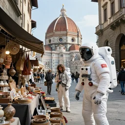 white futuristic astronaut shopping at ancient renaissance florence vendor, rule of thirds, time travel scenery, nvidia, by wlop, peter mohrbacher, artgerm, jakub rebelka, visually stunning, beautiful, masterpiece