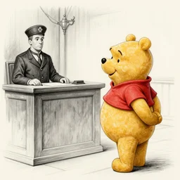 winnie pooh at the witness stand defending himself in court. pencil court sketch. intricate. highly professionally detailed.