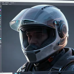 a close up of a person wearing a helmet, a computer rendering by abdullah gerguri, featured on zbrush central, computer art, artstation hq, sci - fi, synthwave