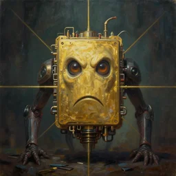 grim oil painting of good and friendly sentient ai machine core, symmetrical, golden ration, grim dark color scheme, realistic shaded lighting, octaine rendering, wallpapper, magali villeneuve, trending on artstation