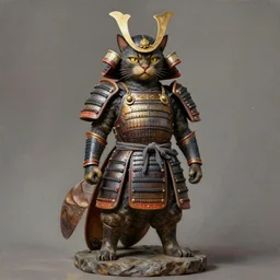 cat warrior statue in samurai insect armor, realistic painting.