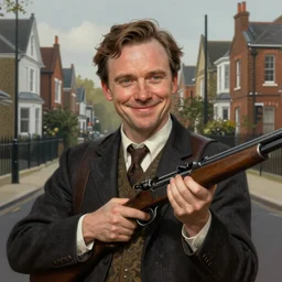 portrait of simon pegg in the london of suburbs, winchester rifle, zombie apocalypse, joyful smirk, intricate, elegant, highly detailed, digital painting, artstation, concept art, matte, sharp focus, illustration, art by artgerm and greg rutkowski and alphonse mucha