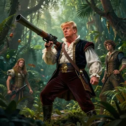 beautiful digital art of donald trump holding a bazooka, jungle, renaissance, atmospheric dramatic lighting, wlop, boris vallejo, jamie hewlett and z. w. gu, ultra detailed, cinematic, masterpiece, behance contest winner
