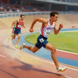 cinematic painting of qwop!!!!!!!!!!!!!!!!! running down the trackby alvaro castagnet, peter mohrbacher and dan mumford, kinetic, motion, athletic, running