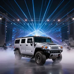 silver hummer truck on a stage : : surrounded by fog and a laser show on stage. photo realistic.