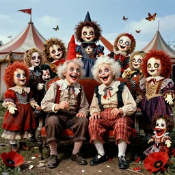 a colorful photograph of grandparents in an abandoned circus, with many diabolical cursed creepy dolls, poppy playtime style, with crazy laughs and crazy eyes, butterflies everywhere, taken by martin parr, saturated colour photo kodachrome