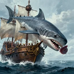large and terrifying megalodon attacking a pirate ship, matte painting by greg rutkowski, sylvain sarrailh, artstation