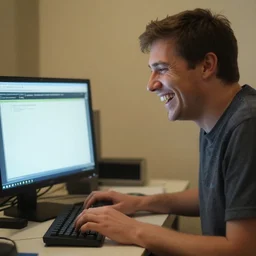 Man's computer has BSOD but he's laughing, stock image, no blur