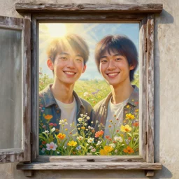 two happy fashion models, 3 d, close - up, old wood house window, morning, sun rays, flowers field, poster art, intricate oil painting, high detail, figurative art, multiple exposure, poster art, 3 d, by stanley kubrick and tooth wu and wlop and beeple