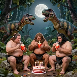 photo, three hairy neanderthal people, sumo japanese, eating inside mcdonalds, surrounded by dinosaurs!, gigantic forest trees, sitting on rocks, bright moon, birthday cake on the ground, front view