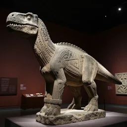ancient Irish, photo of stone carved statue of a dinosaur, romanesque style, in a museum room