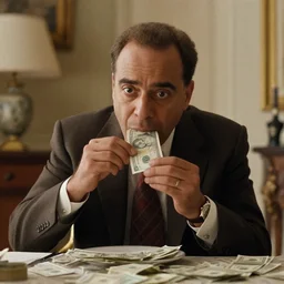 pepe eating money, realistic, frame from the movie, in a suite