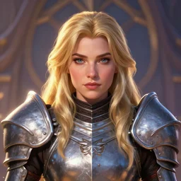 masterpiece head-on symmetrical centered painted portrait, Imogen Poots as a paladin, blonde hair, glorious, wearing full metal armour, fantasy, RPG character Blizzard Hearthstone concept art, pixar, maya engine on stylized background, global illumination lighting, trending on artstation, by lois van baarle, ilya kuvshinov, rossdraws