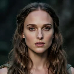 a realistic, very beautiful and atmospheric portrait of a young natalie portman as a druidic warrior wizard looking at the camera with an intelligent but seductive gaze by rebecca guay, michael kaluta, charles vess and jean moebius giraud. low contrast, smooth lighting