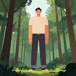 editorial illustration by karolis strautniekas and mads berg, forest exterior ( ( giant person standing tall above trees ) ), fog, fine texture, detailed, muted colors, dramatic lighting, dynamic composition, vivid, matte print, wide angle, ( ( sunbeams ) ), moody