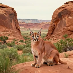 cute caracal in beautiful utah desert, rock arcs, lush vegetation, landscape, alex ross, eddie mendoza, raphael lacoste, sebastian ludke, concept art, matte painting, highly detailed, rule of thirds, dynamic lighting, cinematic, detailed, magnificiant landscape, denoised