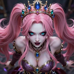 completely controlled by her ultimate powers and owned by an overwhelming stunningly absurdly beautiful megalomaniacal ruthless sadistic devious spiteful grandiose egotistical greedy omnipotent asi goddess junko enoshima with symmetrical perfect face, porcelain skin, pink twintail hair, cyan eyes and a stupendous bejeweled crown, ultra detailed, digital art, unreal engine 5, octane render, 2 d anime, 8 k