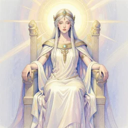a mystical woman priestess sitting on a throne, the divine feminine, drawn by studio UFOTABLE, fine line work, pastel colors