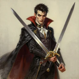 an oil drawing of a young vampire with great sword in his hand, a character portrait by muggur, disco elysium character, featured on deviantart, fantasy art, concept art, official art, hd mod