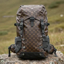a hiking backpack designed by louis Vuitton. Product photography.